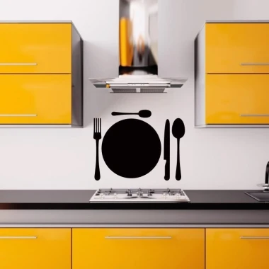Chalk sticker 050 plate cutlery - Kitchen arrangement. Yellow cabinets and black countertop create contrast.
