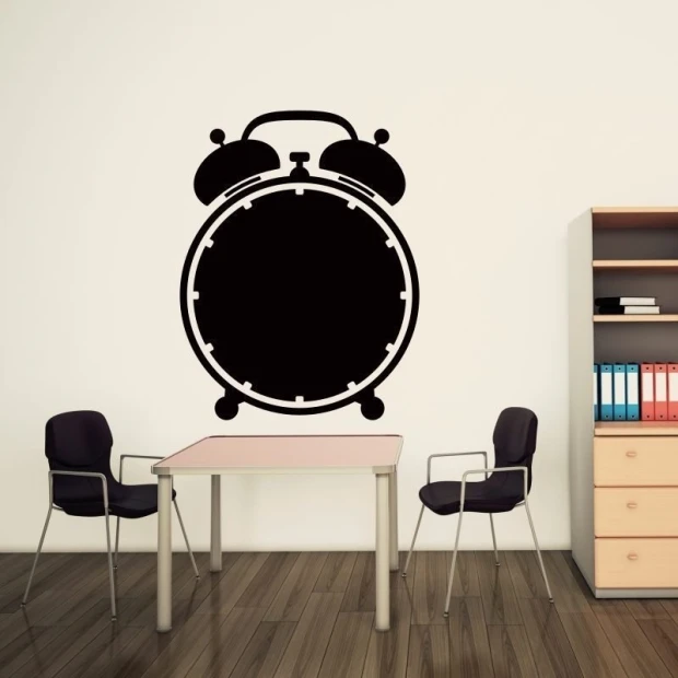 Chalk sticker 052 alarm clock - Office decor. Light-colored walls, brown furniture accents.