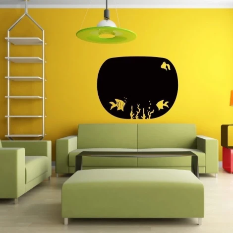 Chalk sticker 057 aquarium - Living room decor with yellow walls, green furniture, modern style.