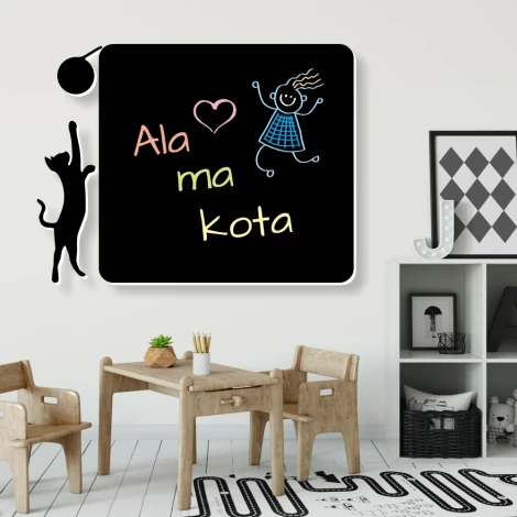Chalkboard 065 cat - Styled in a children\'s room with light-colored walls, wooden furniture, and toys.