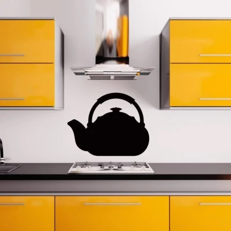 Chalk sticker 071 kettle - Kitchen arrangement with yellow walls and modern minimalist furniture.