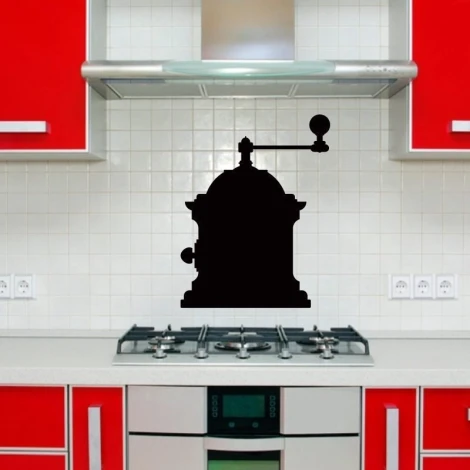 Chalk sticker 072 coffee grinder - Kitchen arrangement with red cabinets and light wall tiles.