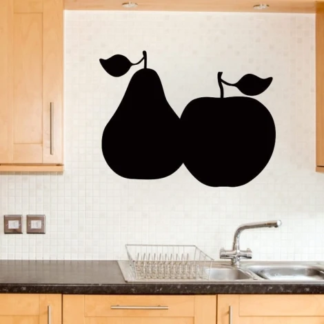 Chalk sticker 073 pear apple - Kitchen arrangement. Light wall tiles, dark countertop.
