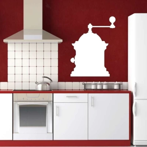 Whiteboard 056 coffee grinder - Kitchen setup with red walls, white furniture, and metal accessories.
