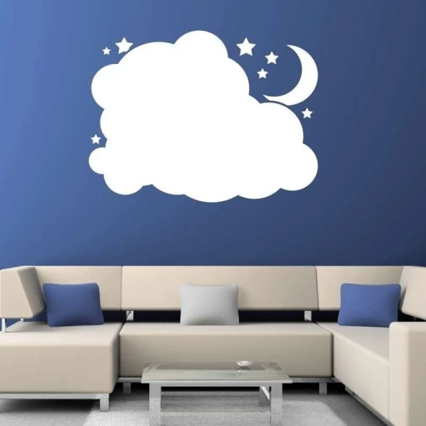 Dry-erase board 050 clouds and moon - Living room setup. Navy wall, light-colored sofa.