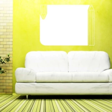 Dry-erase board 043 with pencils - Living room setup. Yellow walls and striped flooring.