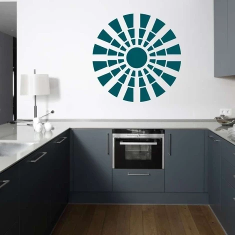 Sticker 03X 16 abstract 1822 - Kitchen decor with gray furniture, white walls, and a round blue pattern.