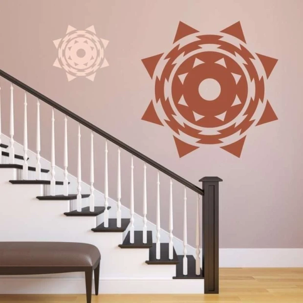 Sticker 03X 16 abstraction 1825 - Hallway arrangement. Light-colored walls, dark-hued stairs.