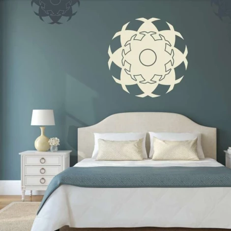 Sticker 03X 16 abstract 1826 - Bedroom arrangement with dark walls and a bed featuring light bedding.