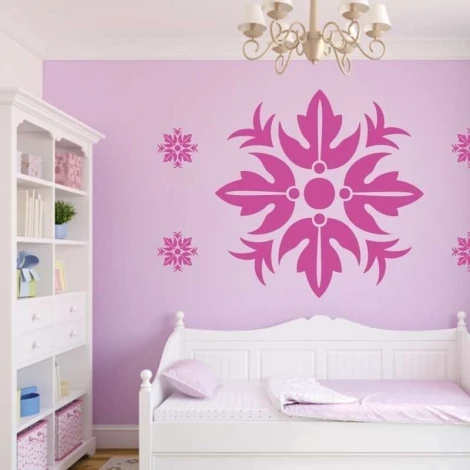 Sticker 03X 16 abstract 1827 - Bedroom decor with pink walls, white furniture, and a bed with bedding.