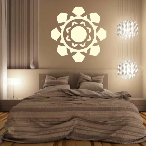 Sticker 03X 16 abstraction 1832 - Bedroom decor with light walls, gray bedding, and modern lamps.