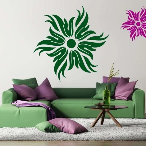 Sticker 03X 16 abstract 1835 - Living room arrangement with light walls and furniture in shades of green and purple.