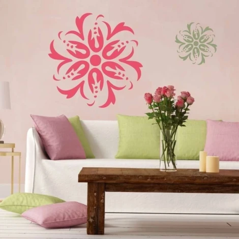 Sticker 03X 16 abstraction 1837 - Living room arrangement. Light-colored walls, sofa with cushions in various shades.