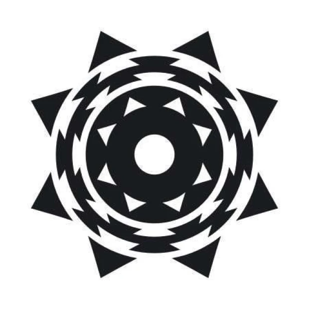 Painting template 02X 23 abstraction 1825 - Graphic pattern with a central circle surrounded by symmetrical triangles and waves.