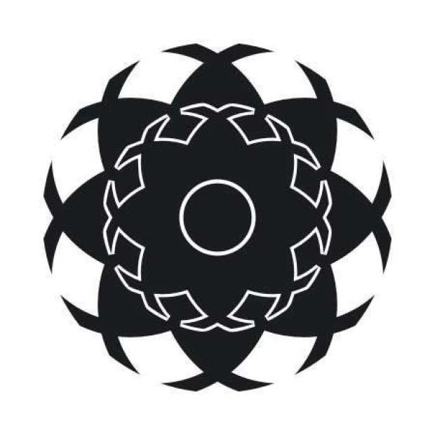 Painting template 02X 23 abstraction 1826 - Graphic pattern with a central circle surrounded by symmetrical, curved shapes.