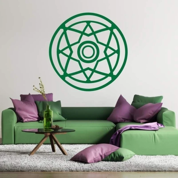 Painting template 02X 23 abstraction 1828 - Living room arrangement with green and purple sofas, light-colored rug.