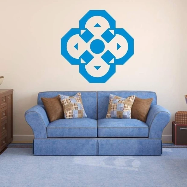 Painting template 02X 23 abstract 1829 - Living room setup with light walls and a blue sofa with checkered cushions.