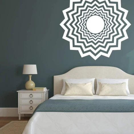 Painting template 02X 23 abstraction 1838 - Bedroom arrangement. Dark walls, bed with a light headboard.