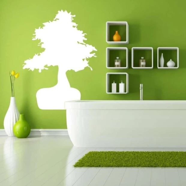 Bonsai tree dry-erase board 011 - Bathroom setup with green wall, white bathtub, and shelves with containers.