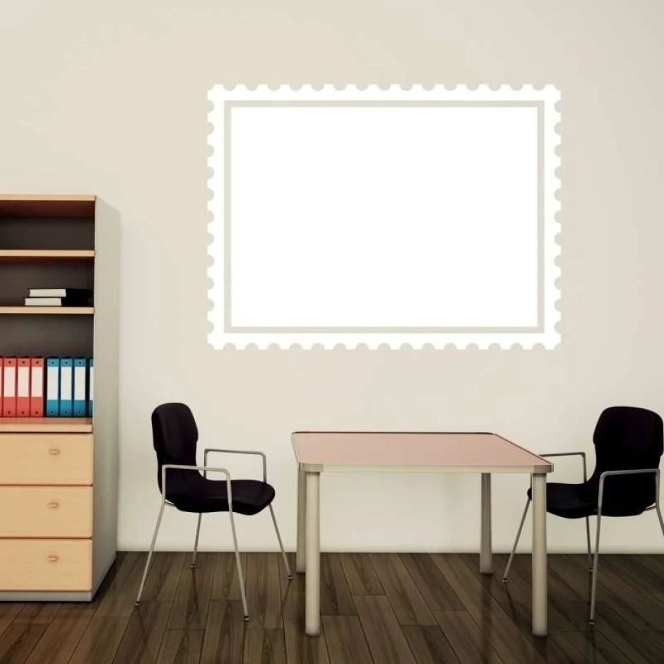 Dry-erase board 022 postal stamp - Office setup with light walls, wooden floor, and simple furniture.