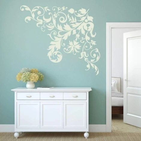 Floral painting template 02X 12 - Living room setup with blue wall, white furniture, and light accents.