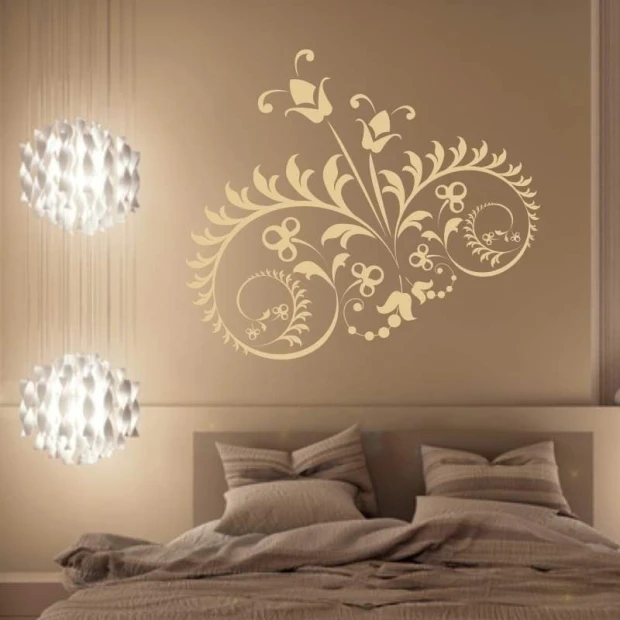 Painting template 02X 12 floral ornament 1875 - Bedroom arrangement. Light-colored walls, minimalist furniture.