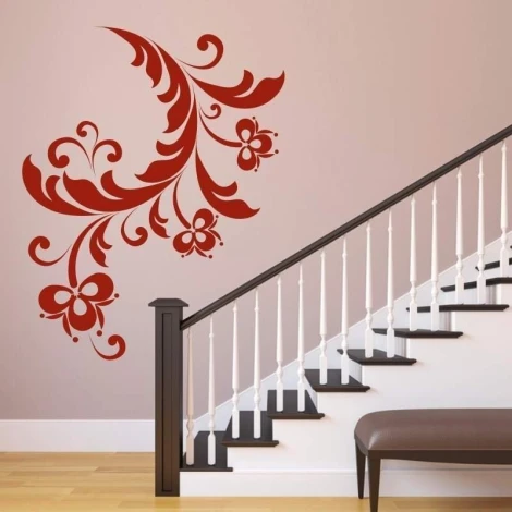 Floral painting template 02X 21 - Hallway design with light-colored wall and dark-hued stairs.