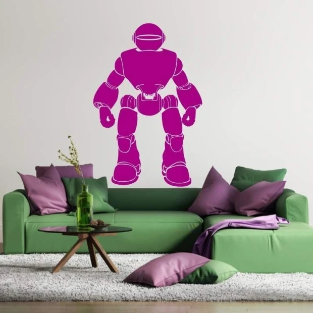 Painting template 02X 22 robot 1852 - Living room setup with light walls and furniture in shades of green and purple.