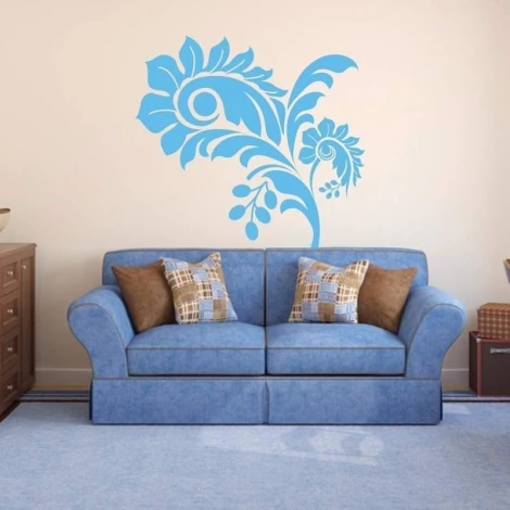 Painting template 02X 04 flower 1881 - Living room arrangement. Light-colored walls, blue sofa.