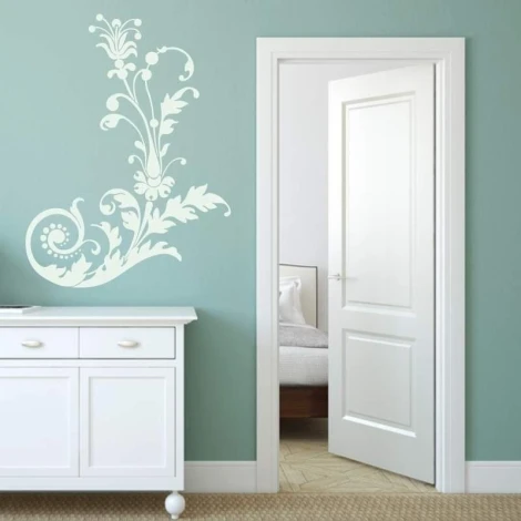 Floral sticker 03X 08 - Bedroom decor with blue walls, white furniture, and light doors.