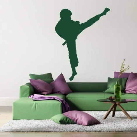 Sticker 03X 08 karate 1862 - Living room setup with light walls and a green sofa with pillows in various shades.