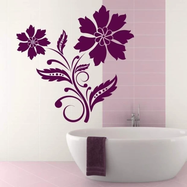 Sticker 03X 22 flower 1880 - Bathroom decor. Pink walls, freestanding bathtub, floral pattern.