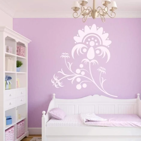 Sticker 03X 04 plant ornament 1876 - Bedroom arrangement with purple walls, white furniture, and bedding.