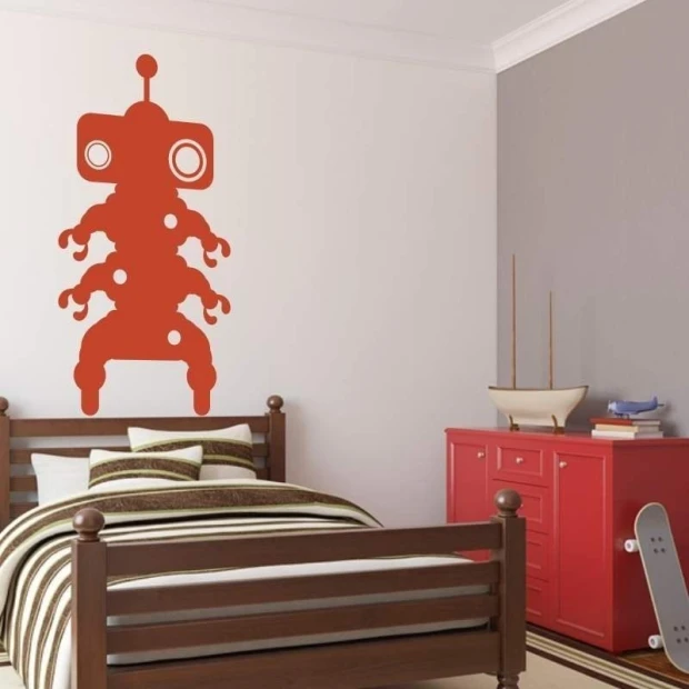 Robot sticker 03X 12 1848 - Bedroom decor with gray-beige walls and brown furniture.