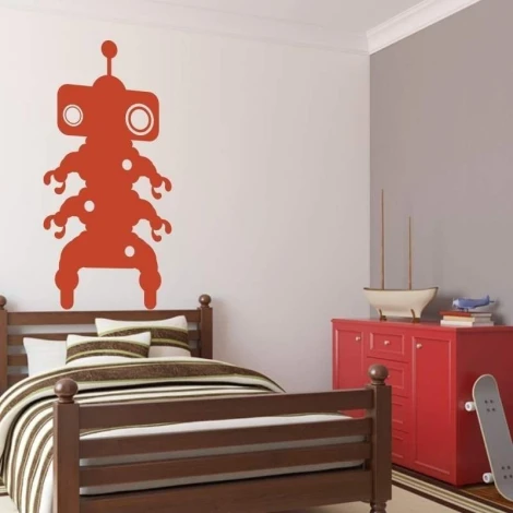 Robot sticker 03X 12 1848 - Bedroom decor with gray-beige walls and brown furniture.