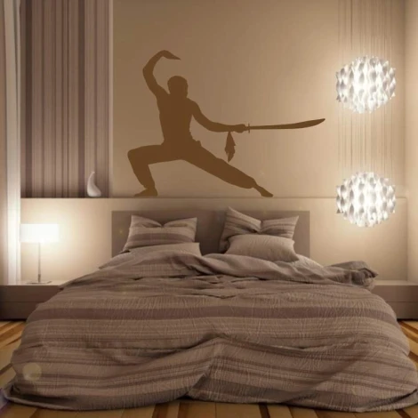 Sticker 03X 17 martial arts 1856 - Bedroom decor with light walls, gray bed cover, and hanging lamps.