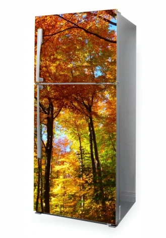 Autumn colors fridge wrap sticker P20 - Kitchen decor with light walls and wooden accents.