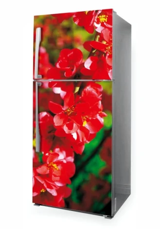 Fridge wrap sticker with floral design P23 - Kitchen decor with light-colored walls and wooden furniture.