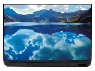 Laptop sticker Lake P165 - Graphic design featuring a lake with mountains in the background and cloud reflections in the water.