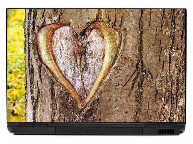 Heart laptop sticker P144 - Graphic design. Wooden heart with visible grains and texture.