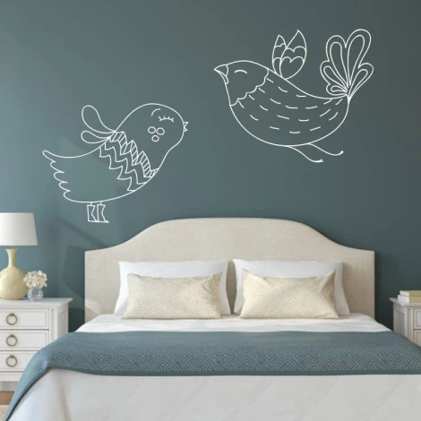Painting template 02X 15 birds 1909 - Bedroom arrangement. Dark walls, bed with light bedding.