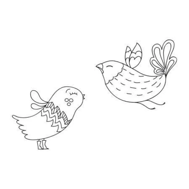 Painting template 02X 15 birds 1909 - Graphic design. Two rounded birds, one with a wavy tail.
