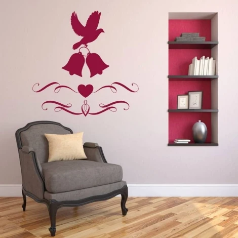 Painting template 02X 25 dove, bells, heart 1902 - Living room arrangement with light walls and wooden floor.