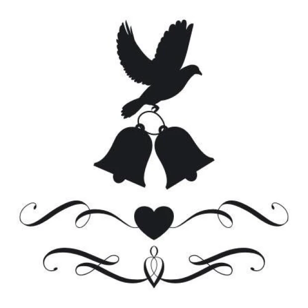 Painting template 02X 25 dove, bells, heart 1902 - Graphic design. A dove hovers over two bells with a heart below.