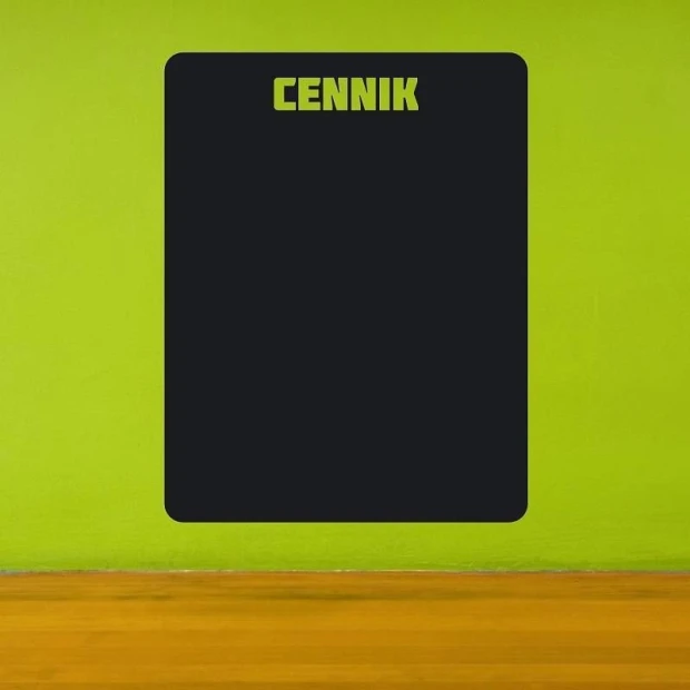 Chalk sticker price list 081 - Room setup with a green wall, light wall, and wooden floor.