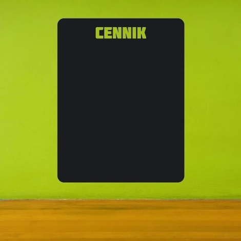 Chalk sticker price list 081 - Room setup with a green wall, light wall, and wooden floor.