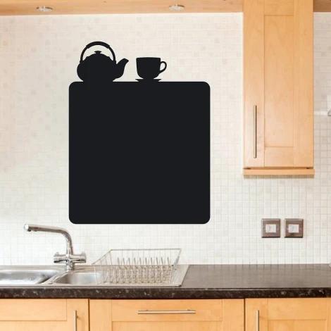 Chalkboard sticker of a teapot and cup 088 - Kitchen decor with light walls and wooden furniture.