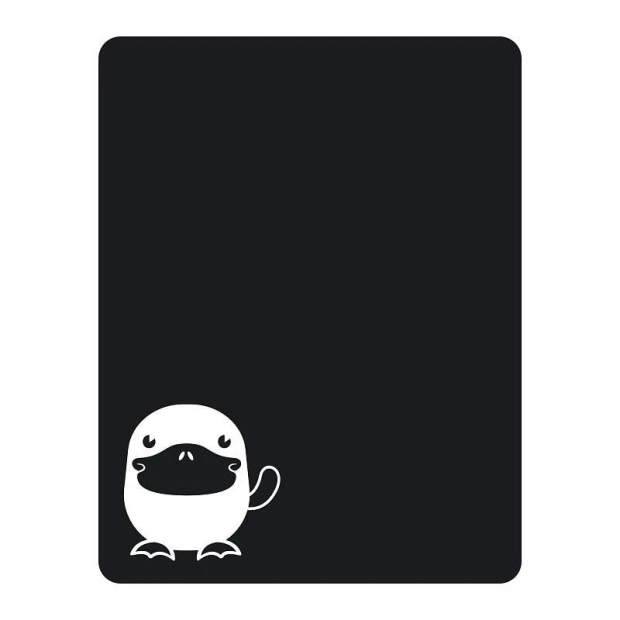 Chalk sticker of a smiling platypus on a black background.