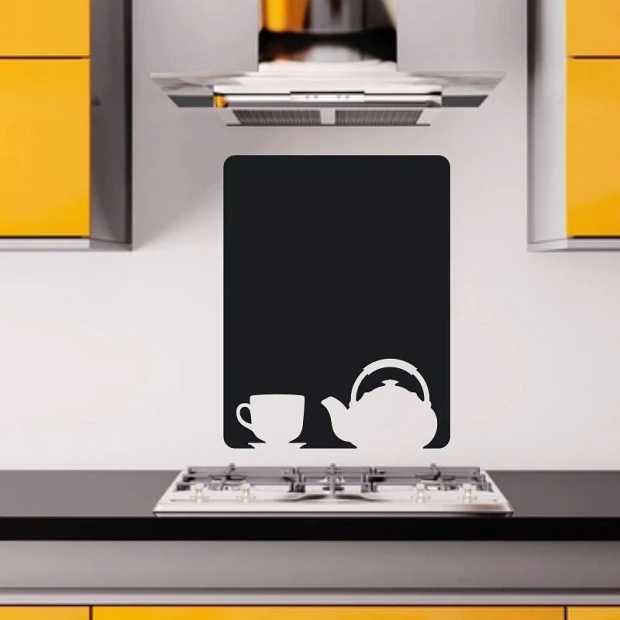 Chalkboard sticker of a cup and kettle 086 - Simple shapes on a dark background.