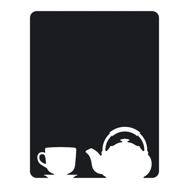 Chalkboard sticker of a cup and kettle - white design on a black background.